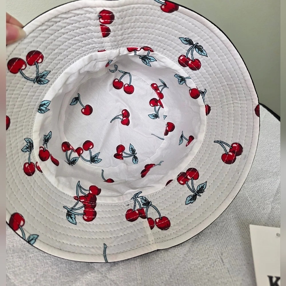 Reversible Cherry Print Bucket Hat, White & Black Cotton, Foldable Fisherman Hat